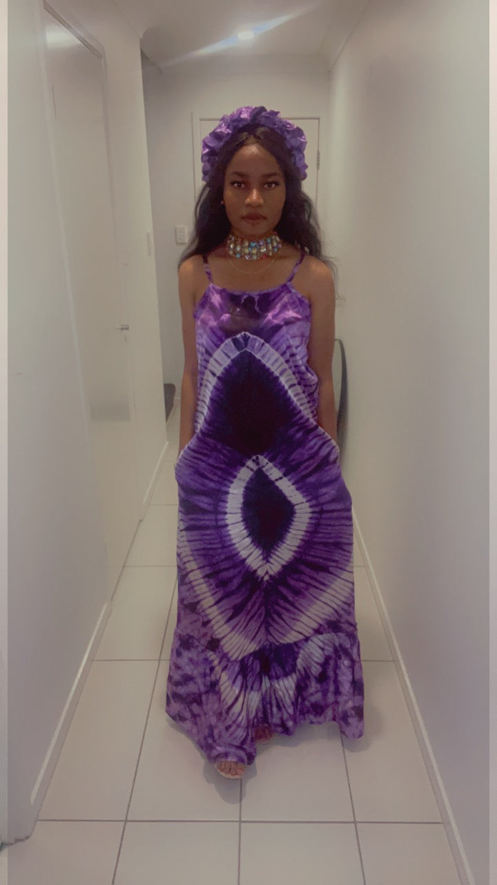 Satin Adire Gown with headpiece