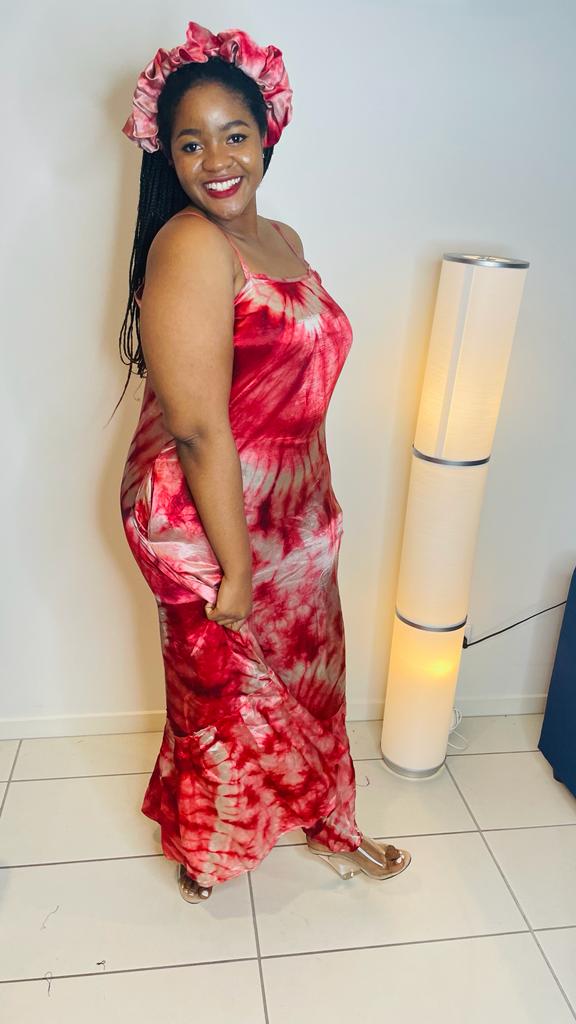 Satin Adire Gown with headpiece
