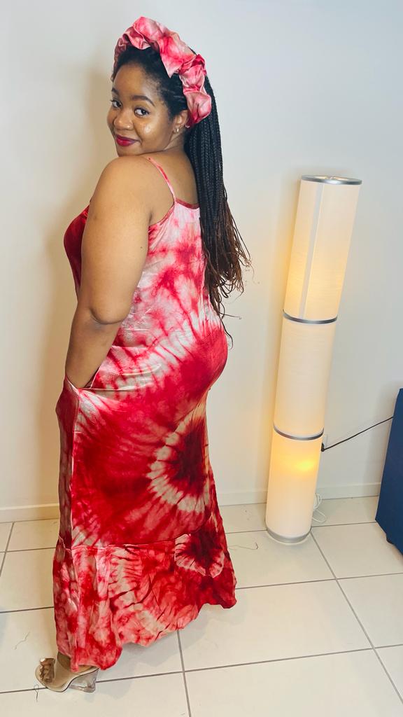 Satin Adire Gown with headpiece