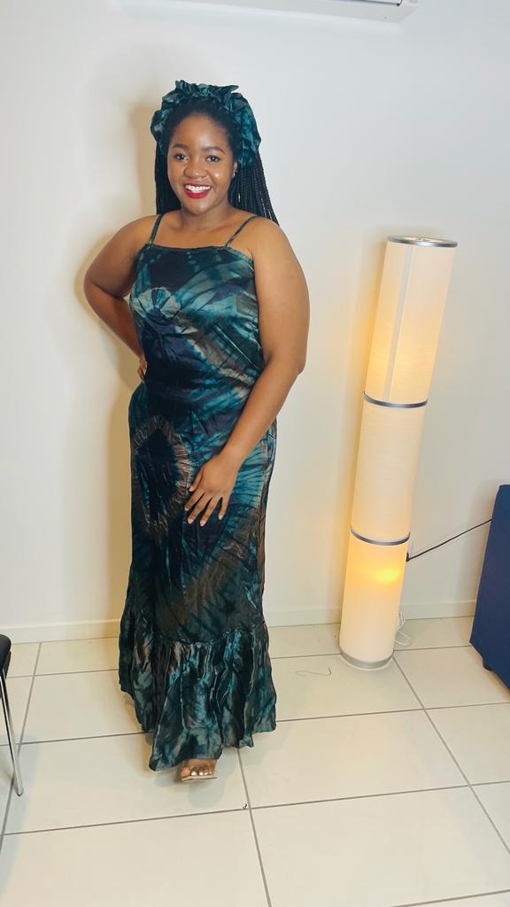 Satin Adire Gown with headpiece