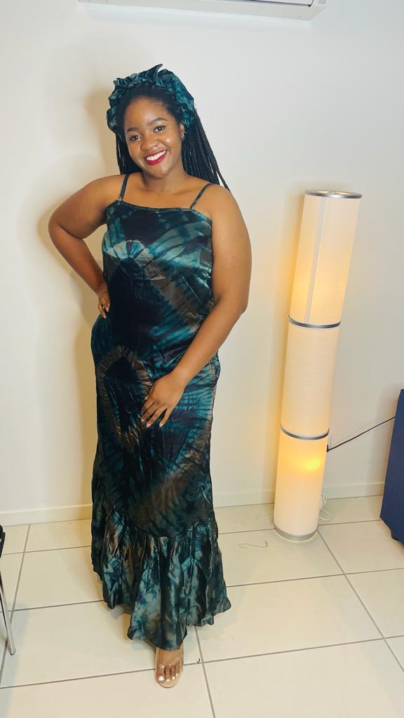 Satin Adire Gown with headpiece
