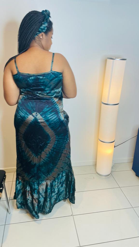 Satin Adire Gown with headpiece